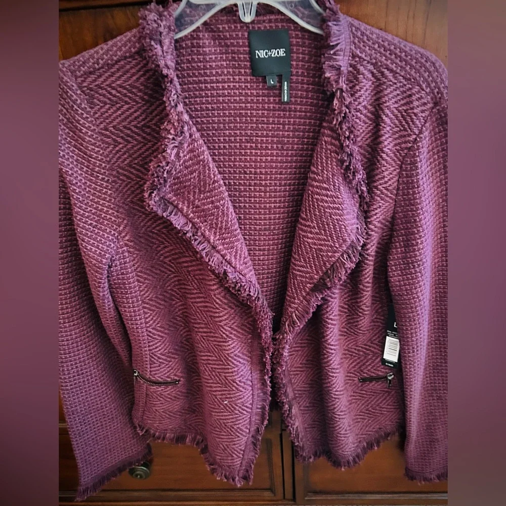 NWT NIC+ZOE Burgundy Frayed-Trim Tweed and Knit Mixed Blazer, Size Large - Picture 3 of 16